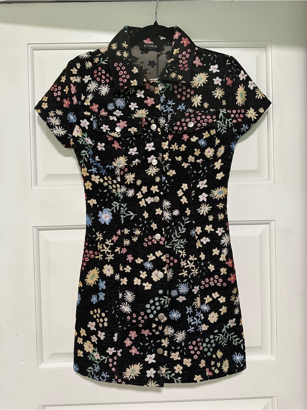 Storia Black Floral Button-Front Mini Dress with Pastel Blooms